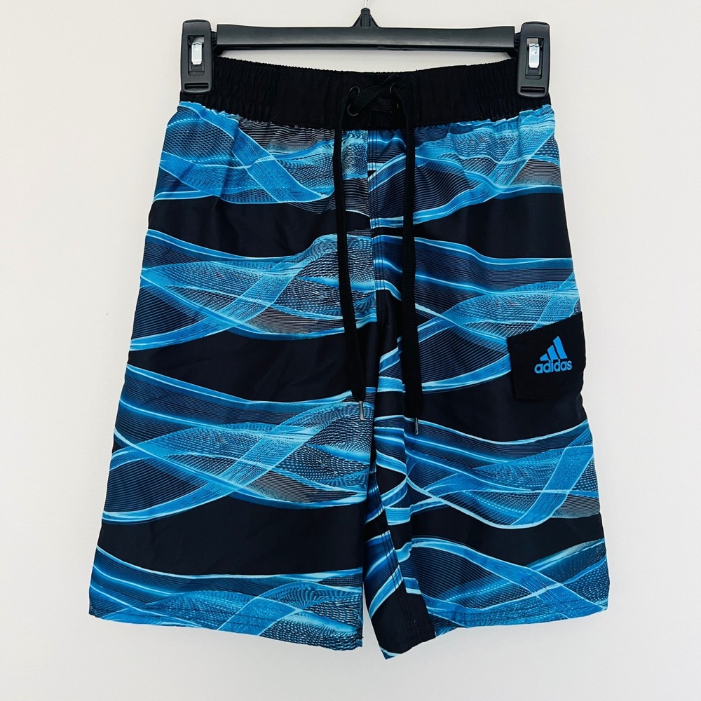 Adidas Boys Swim Trunks Blue Black Abstract Wave Board Shorts Side Pocket Small